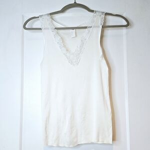 Hanro Ivory Lace Trim Cotton Tank Top Sleeveless Minimalist Luxury Layering